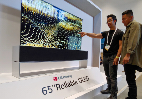 관람객이 LG디스플레이의 65인치 롤러블 OLED TV 패널을 살펴보고 있다. <LGD 제공>